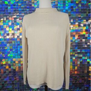 Nordstrom Ribbed Mock Neck Long‎ Sleeve Sweater Top L Beige 100% Silk